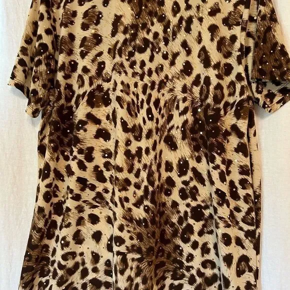 1X Ashley Jill top giraffe print brown trimmed short sleeve silky feeling gold - Picture 2 of 4